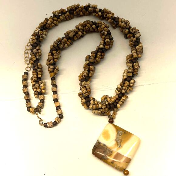 Vintage Semi Precious Braided Stone Necklace Gem Pendant B#6 - Picture 5 of 10